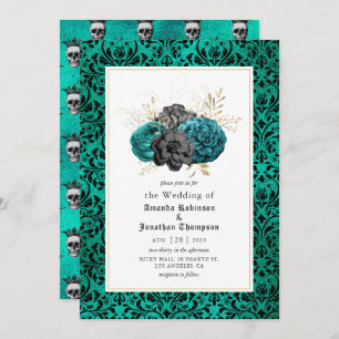Invitation Mariage gothique turquoise, noir et or