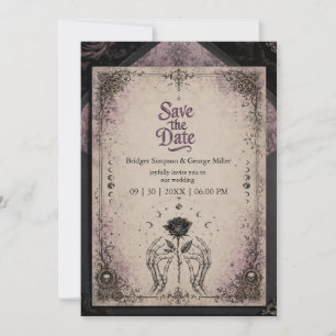 Invitation Mariage Gothique Violet Médiéval Rose Crâne Lune