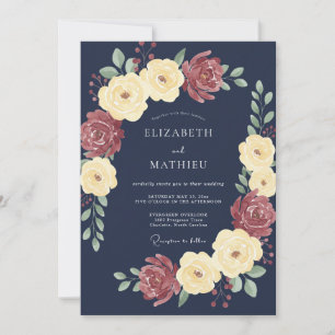 Invitation Mariage Grande Rose Bleu Marine