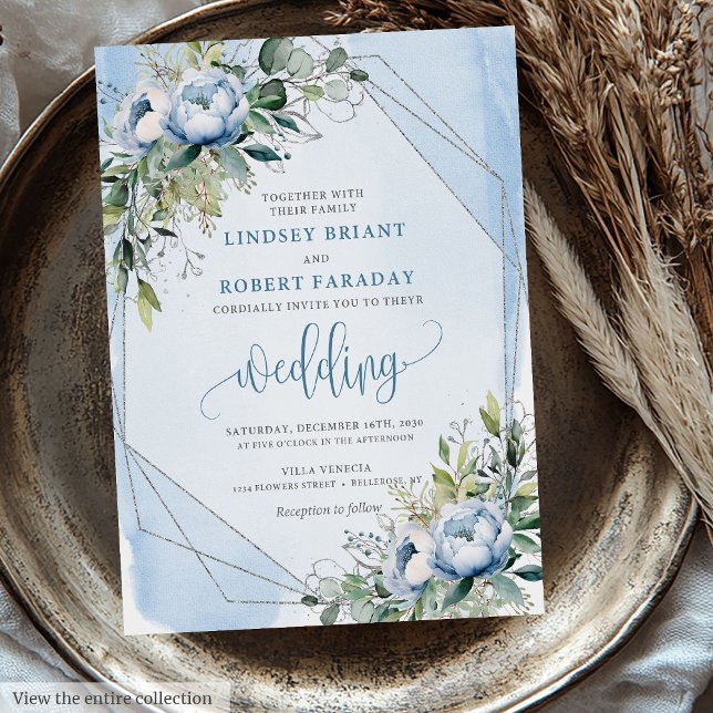 Invitation Mariage Gras Pastel Bleu Blancs Argent Peonies (Bold Pastel Blue White Silver Peonies Wedding Invitation)
