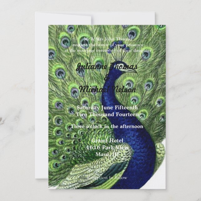 Invitation Mariage Green Blue Chic Peacock (Devant)