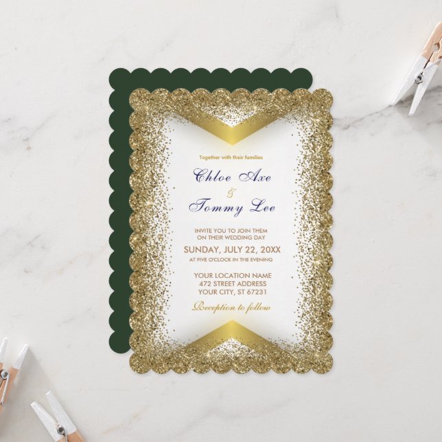 Invitation mariage Green Gold Parties scintillant (Devant/Arrière en situation)