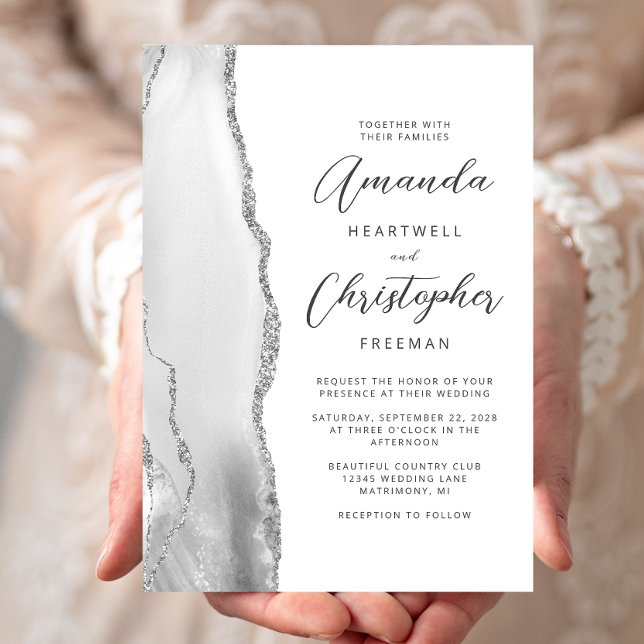 Invitation Mariage gris argent Agate Script (Créateur téléchargé)