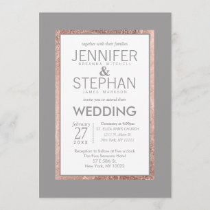 Invitation Mariage gris argenté simple Rose