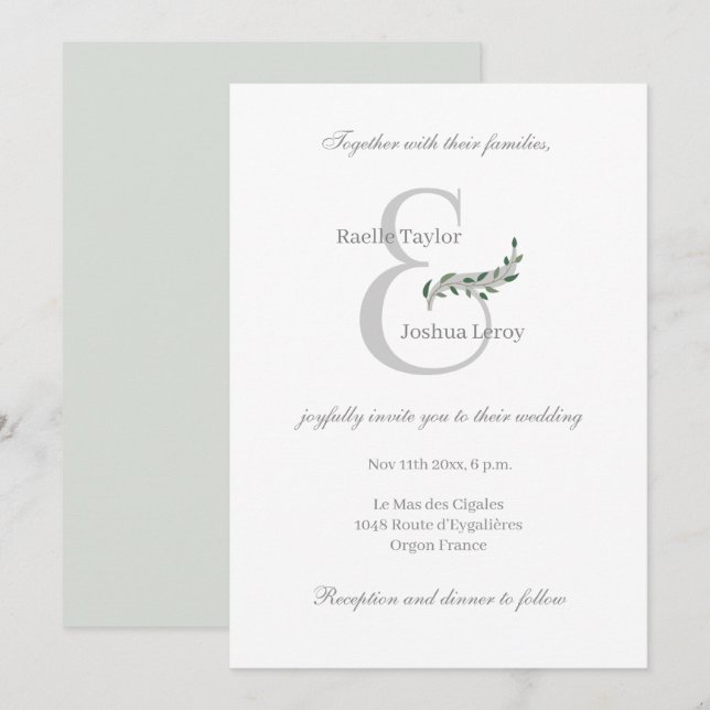 Invitation Mariage gris blanc d'Eucalyptus Feuilles (Devant / Derrière)