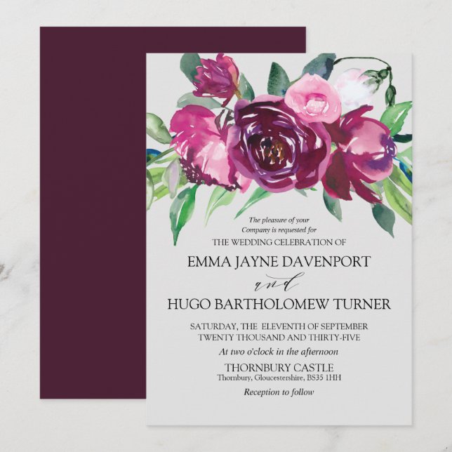Invitation Mariage gris de colombe à fleurs magenta et rose (Devant / Derrière)
