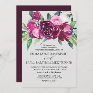 Invitation Mariage gris de colombe à fleurs magenta et rose