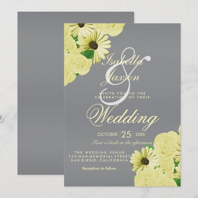 Invitation Mariage gris satin et Mariage jaune pastel (Devant / Derrière)
