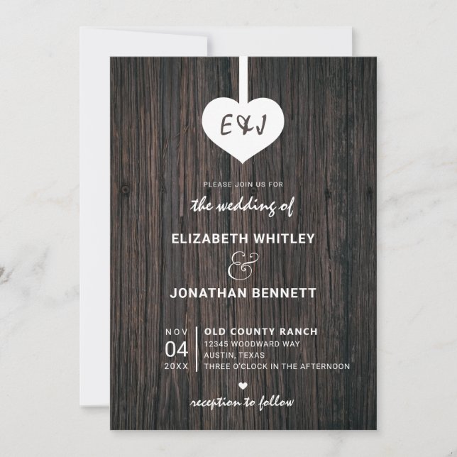 Invitation Mariage Heart Rustic Wood (Devant)