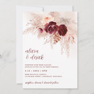 Invitation Mariage Herbe de Pampas Bohème Roses Bourgogne