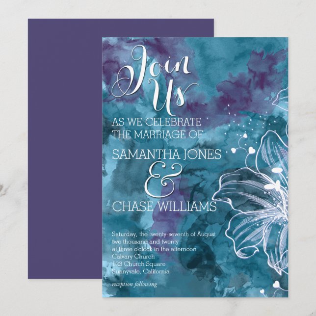 INVITATION MARIAGE HIBISCUS EN COULEUR D'EAU BLEU (Devant / Derrière)