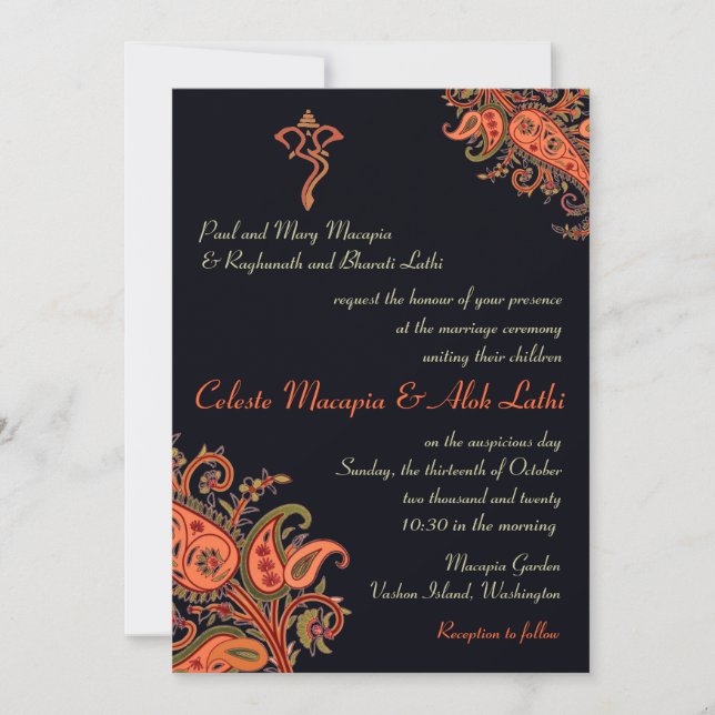 Invitation Mariage hindou de l'Orange bleu de la marine de Ga (Devant)