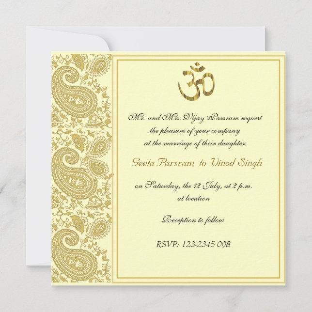 Invitation Mariage hindou de paisley or (Devant)