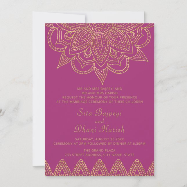 Invitation Mariage hindou indien Bright Pink Gold Mehndi (Devant)