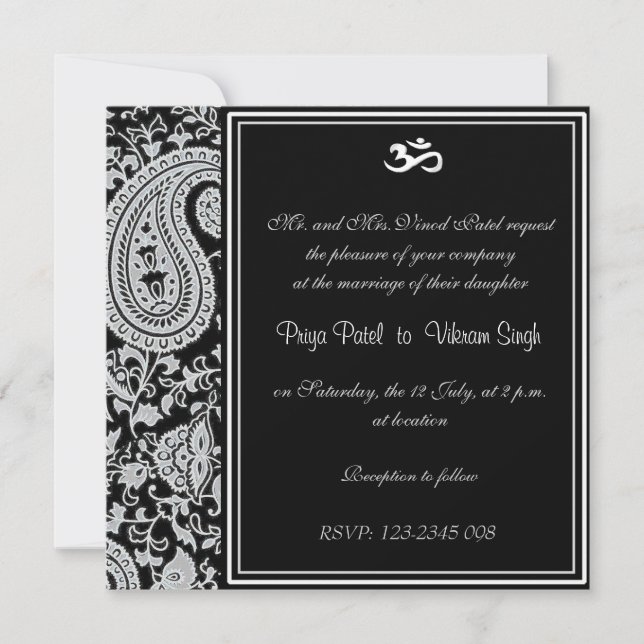 Invitation mariage hindou noir et blanc de Damas (Devant)