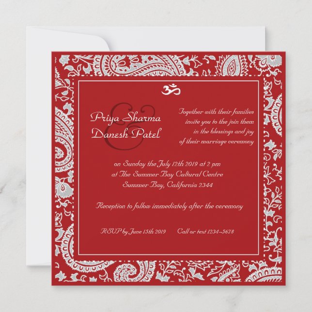 Invitation mariage hindoue damassé rouge et blanc (Devant)
