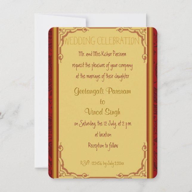 Invitation mariage hindoue damassé rouge et or (Devant)