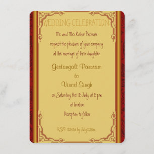 Invitation mariage hindoue damassé rouge et or