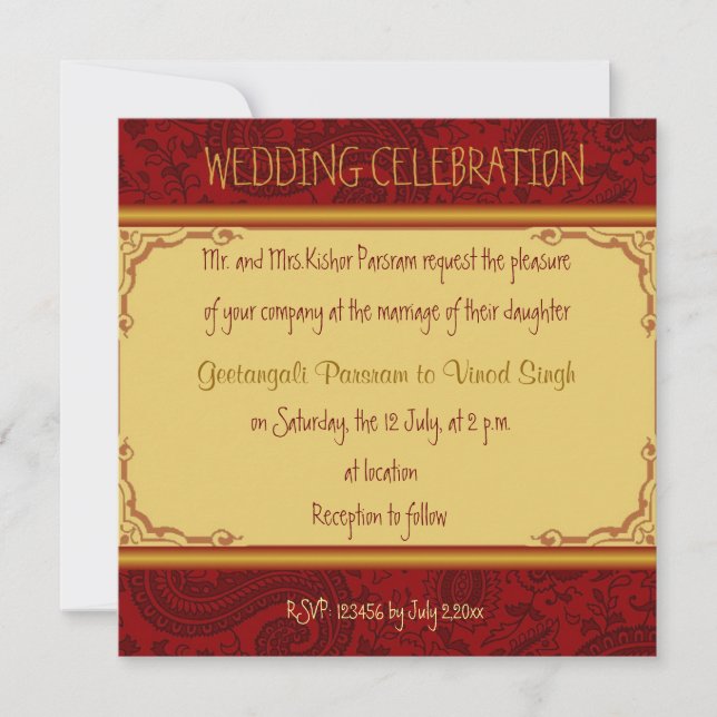 Invitation mariage hindoue de Paisley rouge et or (Devant)