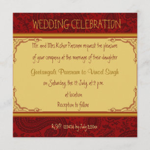 Invitation mariage hindoue de Paisley rouge et or