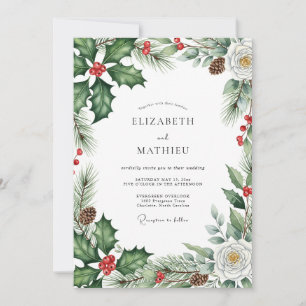 Invitation Mariage hivernal à feuilles persistantes vert émer