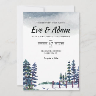 Invitation Mariage hivernal à l'aquarelle avec clôture de pin