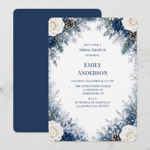 Invitation Mariage hivernal bleu et blanc avec rose pour la d