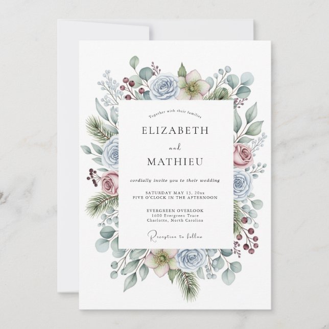 Invitation Mariage hivernal bleu poussiéreux (Devant)