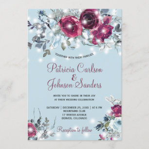 Invitation Mariage hivernal bleu roux bordeaux