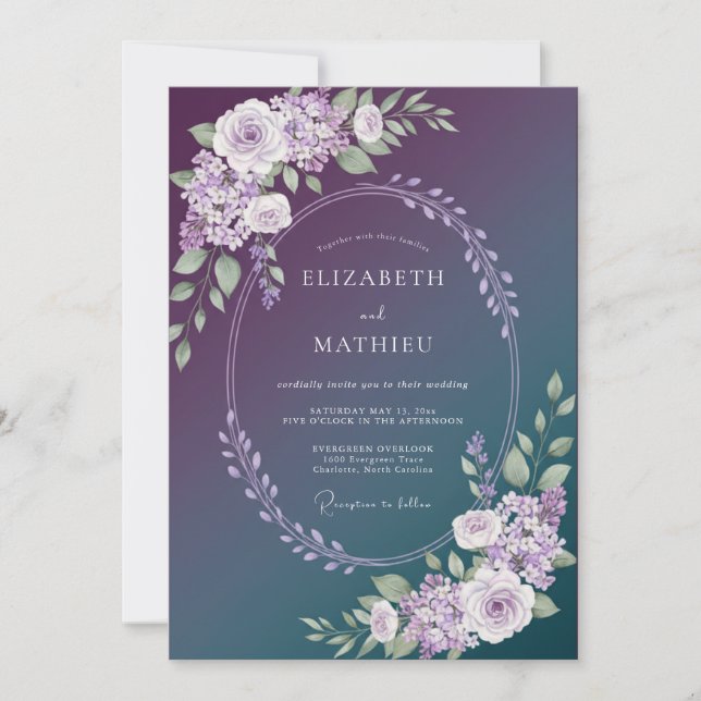 Invitation Mariage hivernal éthéré sarcelle prune (Devant)
