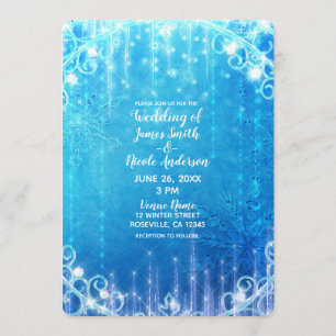 Invitation Mariage hivernal gelé scintillant bleu