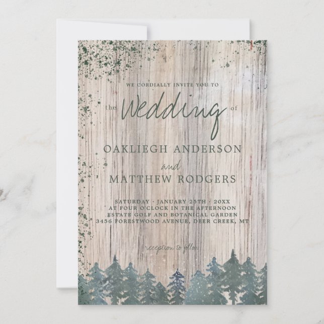 Invitation Mariage hivernal neige dans la forêt verte de bois (Devant)