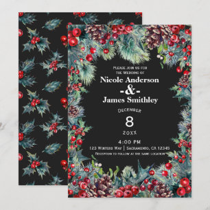 Invitation Mariage hivernal noir Fêtes Berries & Pine Cones