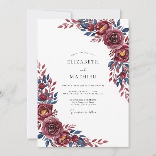 Invitation Mariage hivernal sophistiqué de couleur bordeaux (Devant)