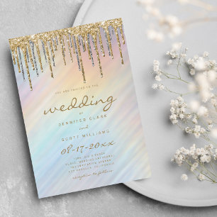 Invitation Mariage holographique arc-en-ciel avec gouttes de 