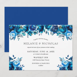 Invitation Mariage horizontal floral bleu Indigo