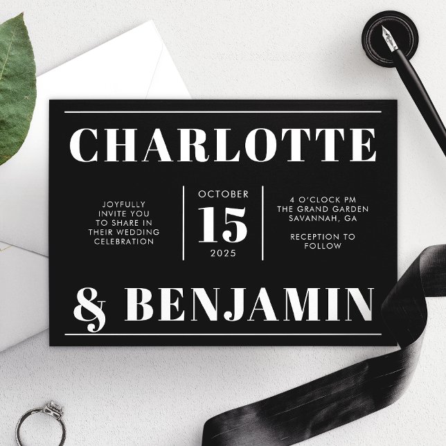 Invitation Mariage horizontal moderne Gras Blanc Et Noir (Créateur téléchargé)