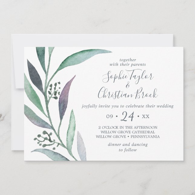 Invitation Mariage horizontal Purple et Green Eucalyptus (Devant)