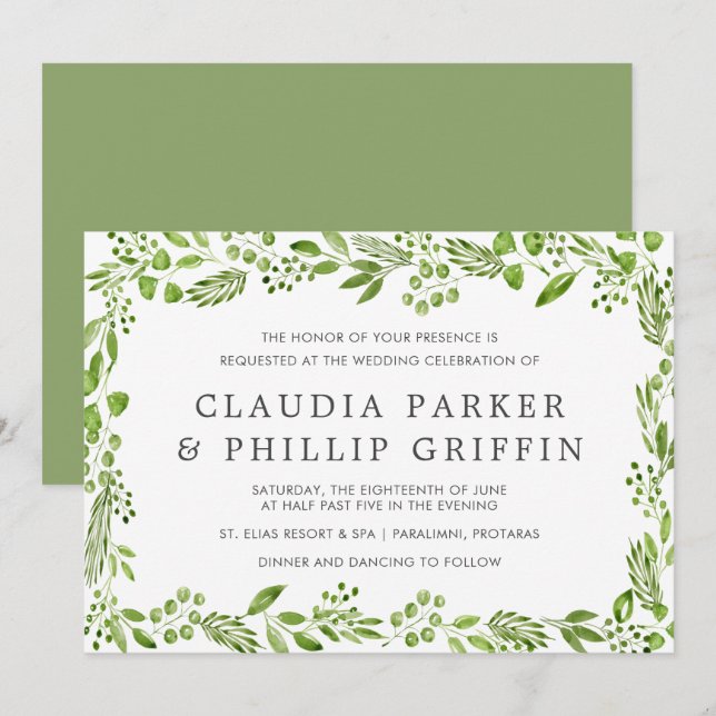 Invitation Mariage horizontal rustique vert feuille d'olive (Devant / Derrière)