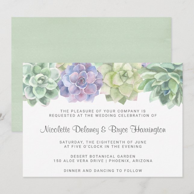 Invitation Mariage horizontal Succulent vert et pourpre (Devant / Derrière)