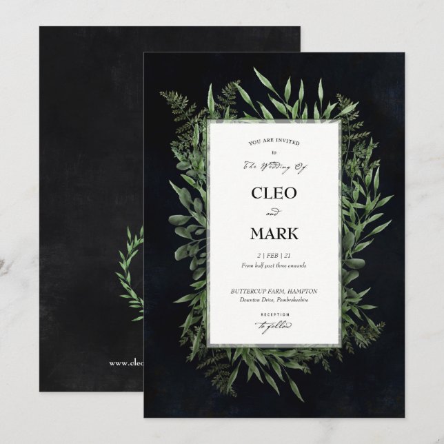 Invitation Mariage humoristique de Midnight Wreath Green (Devant / Derrière)
