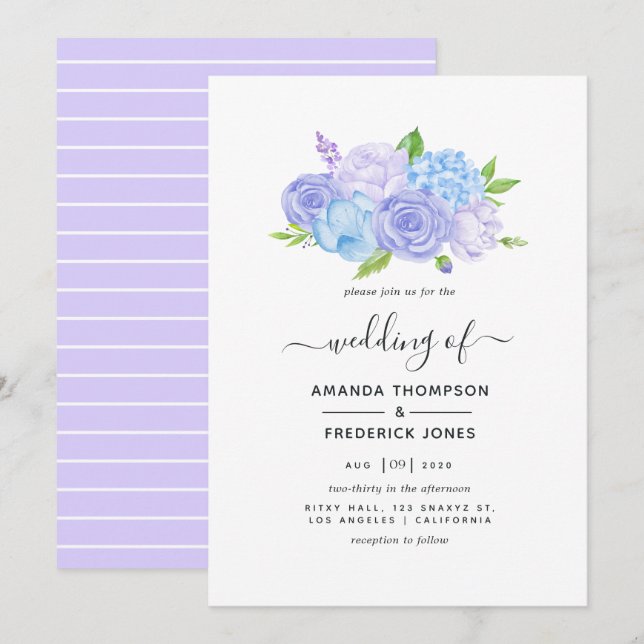 Invitation Mariage Hydrangea Bleu et Lavande Clair (Devant / Derrière)