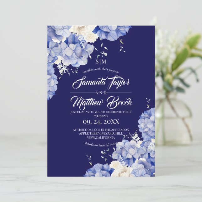 Invitation Mariage Hydrangea Bleu Royal (Debout devant)