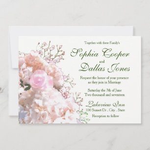 Invitation Mariage hydrangeas blancs romantiques roses roses