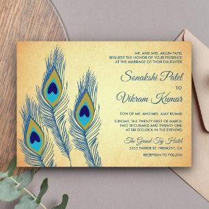 Invitation Mariage indien aux plumes de paon bleu vintage
