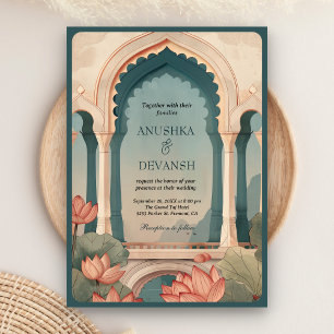 Invitation Mariage indien avec code QR et arche florale Lotus