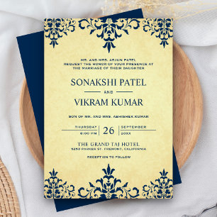Invitation Mariage indien bleu ethnique vintage damassé