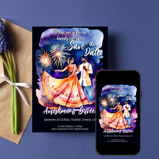 Invitation Mariage indien couple de danse feux d'artifice enr (Indian wedding save the date template invitation dancing Indian bridal couple fireworks modern )