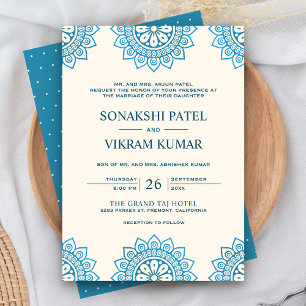 Invitation Mariage indien Cream ethnique et Mandala Bleu