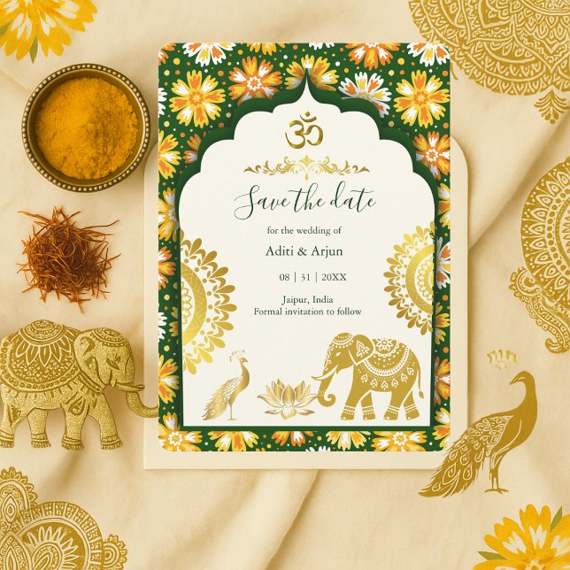 Invitation Mariage Indien - Date à retenir - Émeraude et Ivoi (Créateur téléchargé)